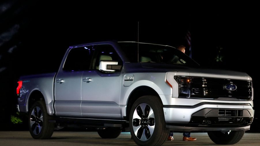 A Ford F-150 outside at night.