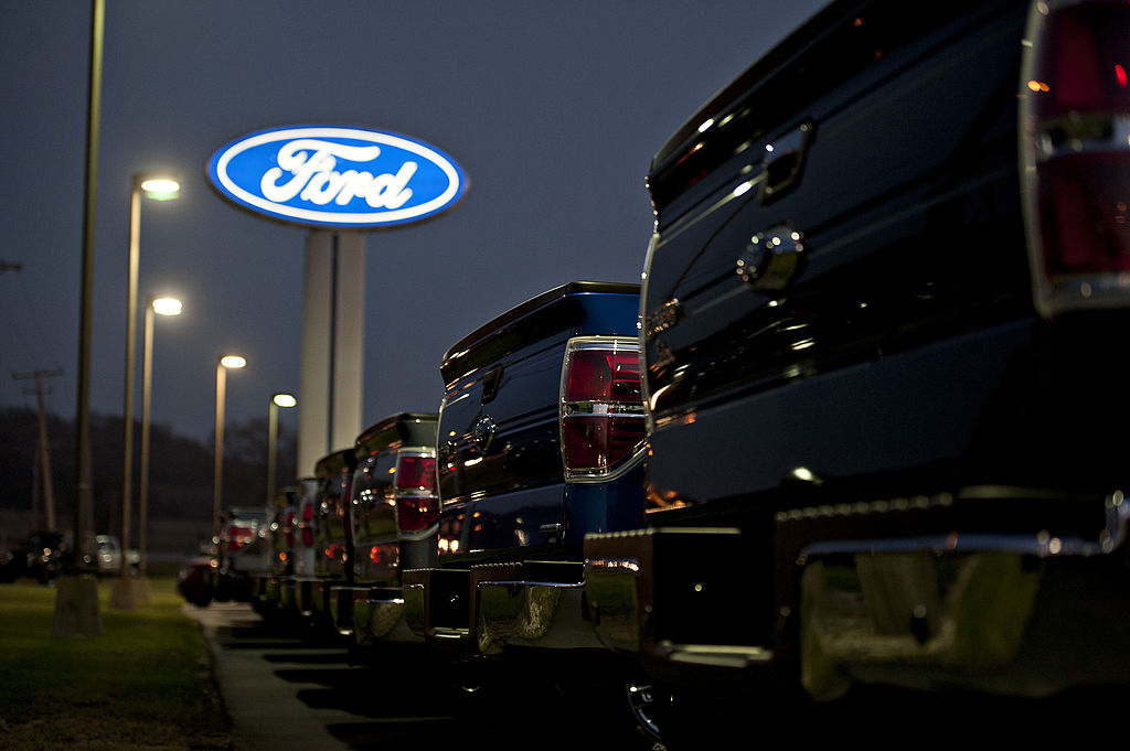 rows of Ford pickup trucks