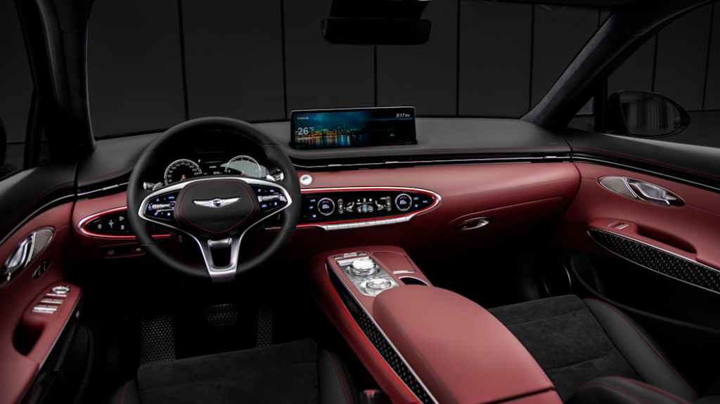 The 2022 Genesis GV70 interior with red upholstery 