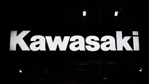 A Kawasaki logo is pictured during the Tokyo Motor Show