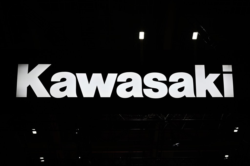 a Kawasaki logo in white lettering against a black background 