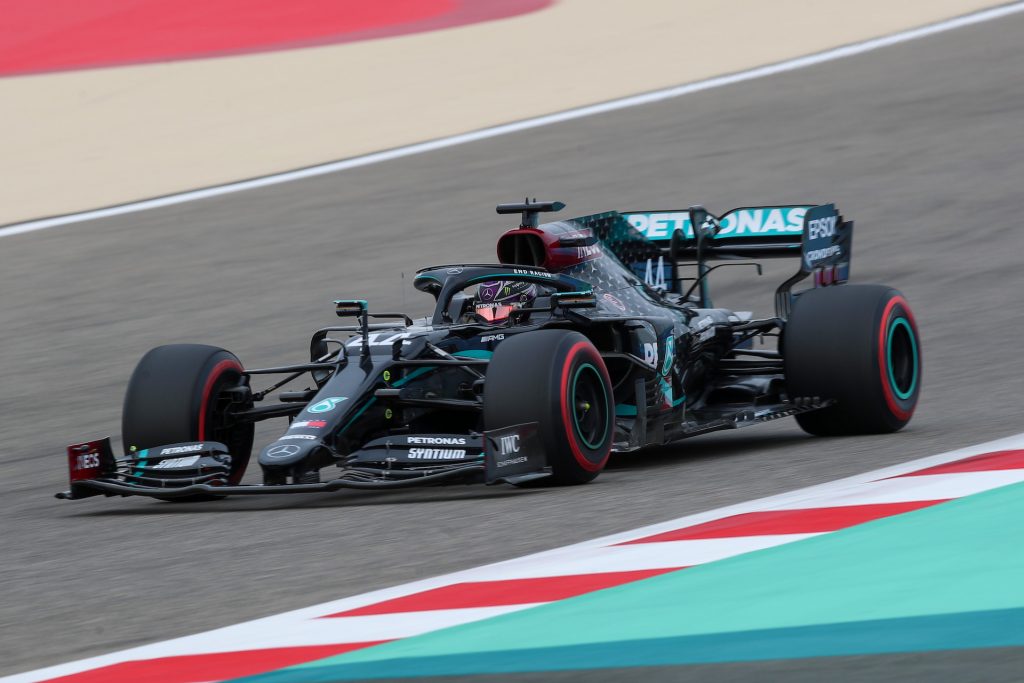 An image of a Mercedes-AMG Formula 1 car out on the track.