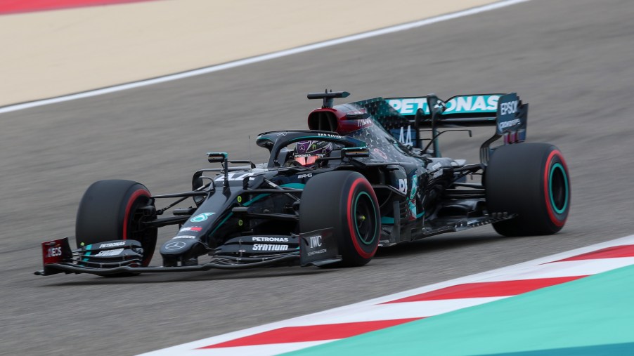 An image of a Mercedes-AMG Formula 1 car out on the track.