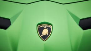closeup shot of Lamborghini logo on hood of green Aventador