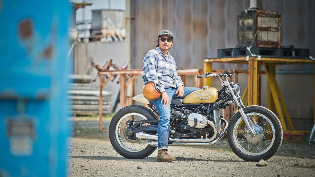 Go Takamine on the gold Brat Style BMW R nineT 'Cyclone in an industrial park