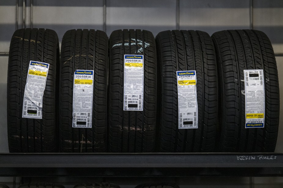 Tires are stacked at a Goodyear auto service location in San Francisco, California, on Wednesday, July 22, 2020
