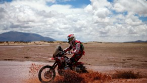 Pedro Bianchi Prata of Portugal races on a Honda CRF450R off-road motorcyle in Bolivia in January 2017