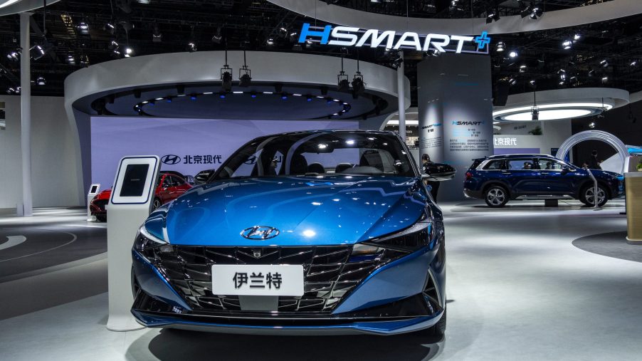 A blue Hyundai Elantra car is on display during the 19th Shanghai International Automobile Industry Exhibition