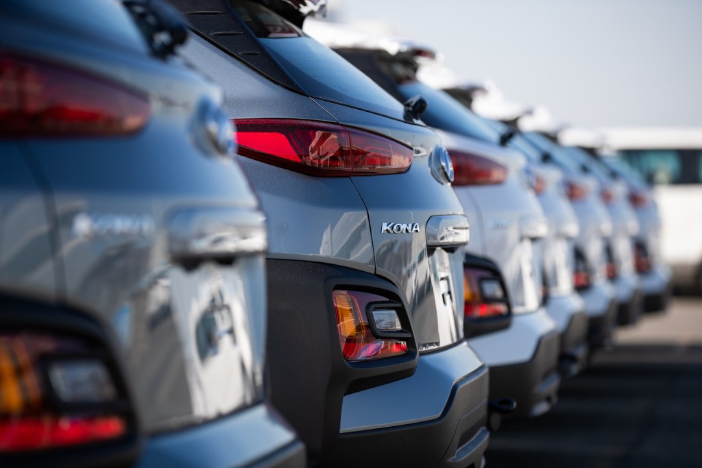 A lineup of Hyundai Kona models, the Kona is included in the latest Hyundai recall.