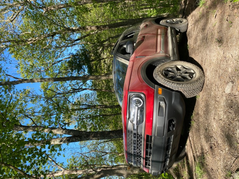 A red 2021 Ford Bronco Sport parked on top a rock in the forest 