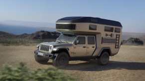 An image of a Jeep Gladiator with a custom-built carbon fiber camper.