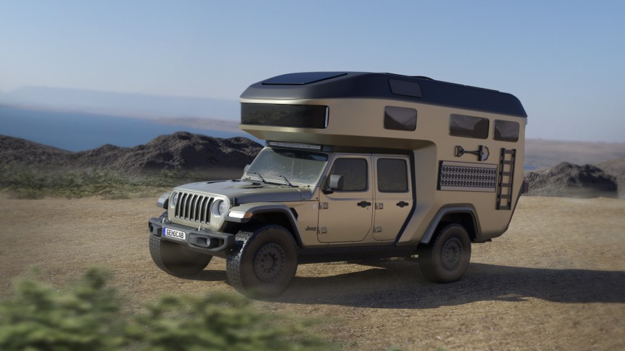 An image of a Jeep Gladiator with a custom-built carbon fiber camper.