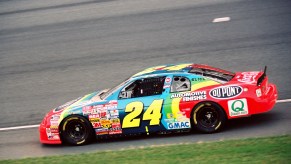 Jeff Gordon and his rainbow Chevrolet during a 1997 NASCAR race.