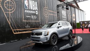 A silver Kia Telluride is seen during the 2019 NBA Awards presented by Kia on TNT at Barker Hangar on June 24, 2019