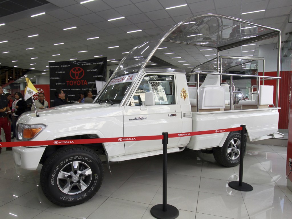 A bulletproof Toyota Land Cruiser modified to be the Popemobile