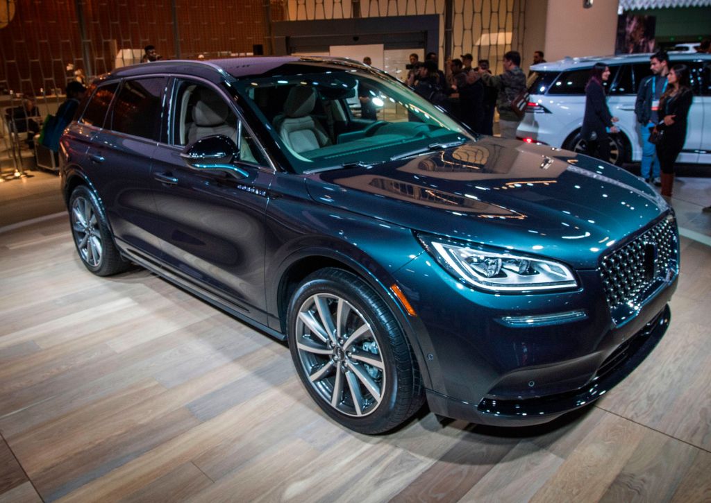The blue 2020 Lincoln Corsair Grand Touring car on display at the 2019 Los Angeles Auto Show in Los Angeles, California