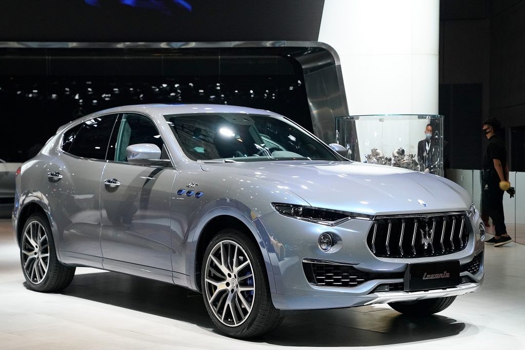 A gray Maserati Levante car is displayed during the 19th Shanghai International Automobile Industry Exhibition, also known as Auto Shanghai 2021