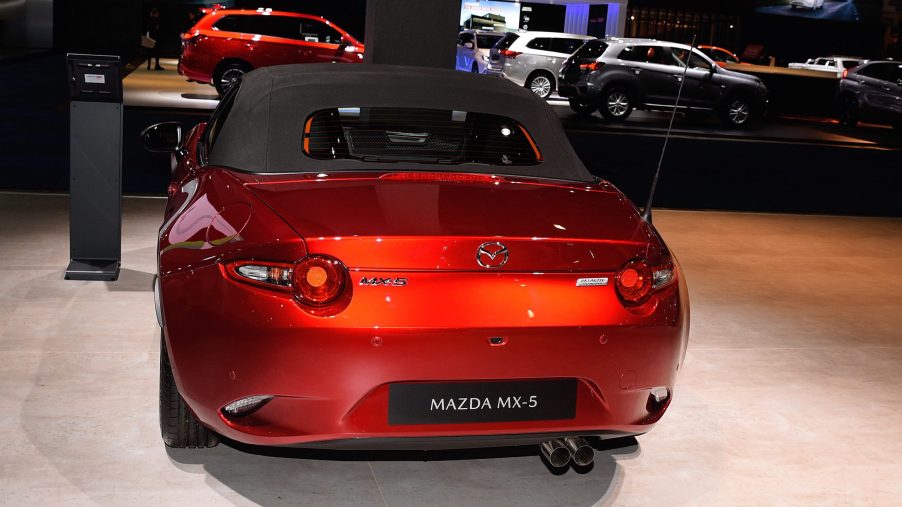 The red Mazda MX-5 on display at the Brussels Motor Show