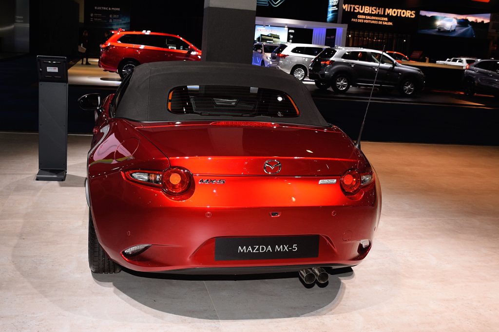 The red Mazda MX-5 on display at the Brussels Motor Show