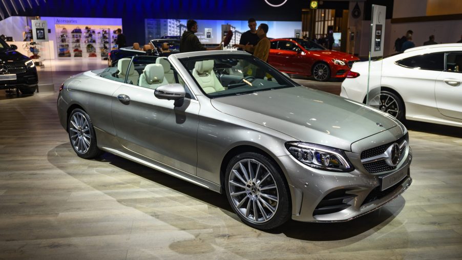 Gray Mercedes-Benz C-Class Cabrio convertible luxury car on display at Brussels Expo on January 9, 2020