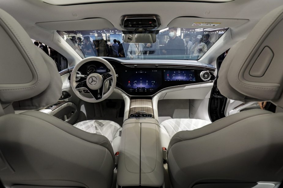 The steering wheel of a Mercedes-Benz AG EQS electric sedan at the Auto Shanghai 2021 show in Shanghai, China