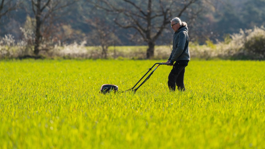 A person showing using a lawn mower for big yards