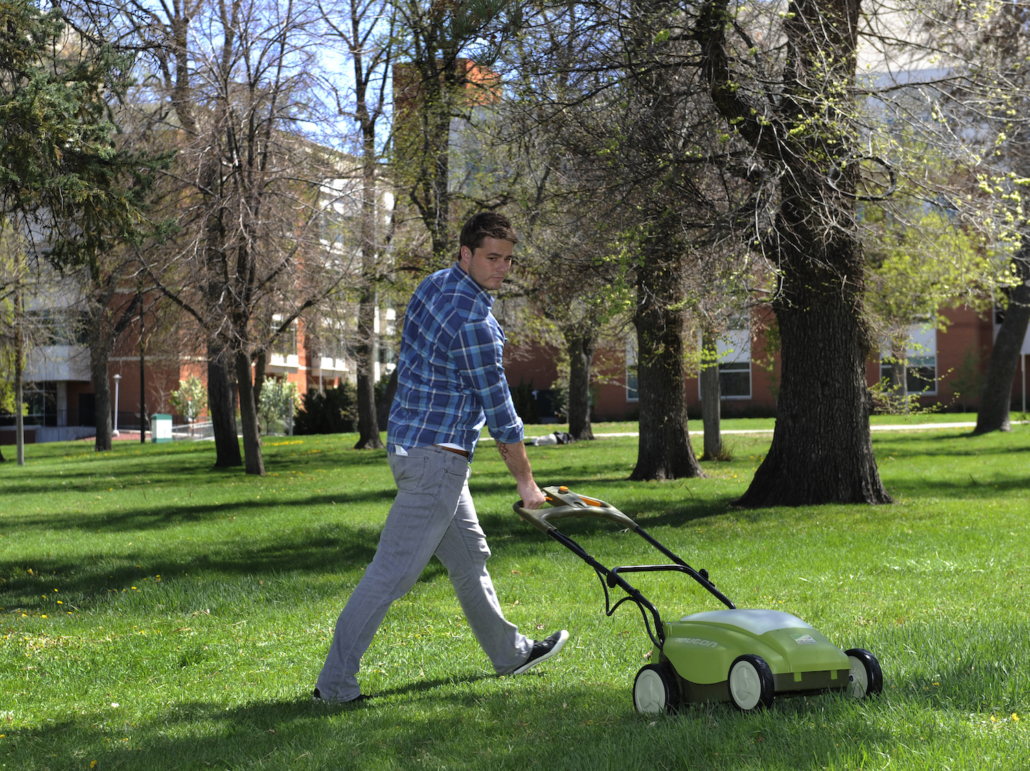 A man mowing the lawn with an electric lawn mower