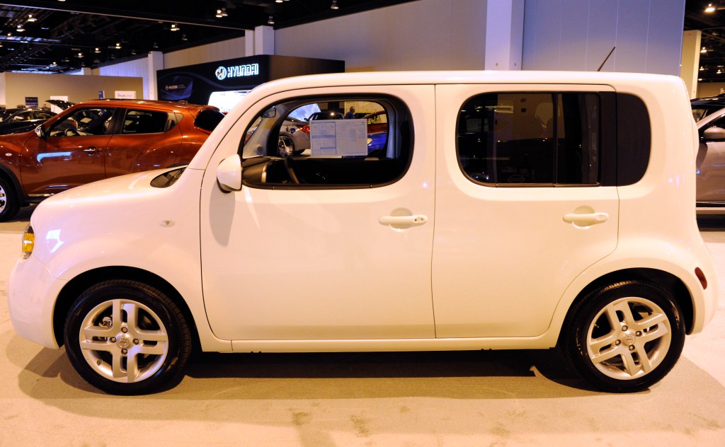 The boxy white Nissan Cube was one of the vehicles on display at the Denver Auto Show.
