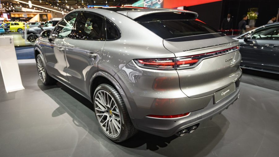 Gray Porsche Cayenne Coupe luxury performance SUV on display at Brussels Expo