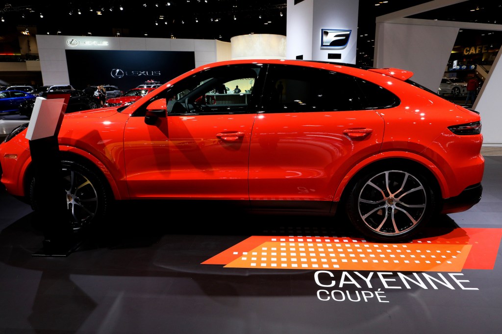 Red 2020 Porsche Cayenne Coupé is on display at the 112th Annual Chicago Auto Show