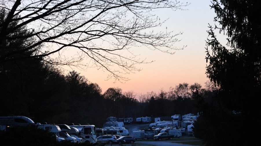 Trailers, motorhomes, and camper vans parked at the Ramblin Pines Campsite outside of Baltimore in Woodbine, Maryland on April 23, 2021
