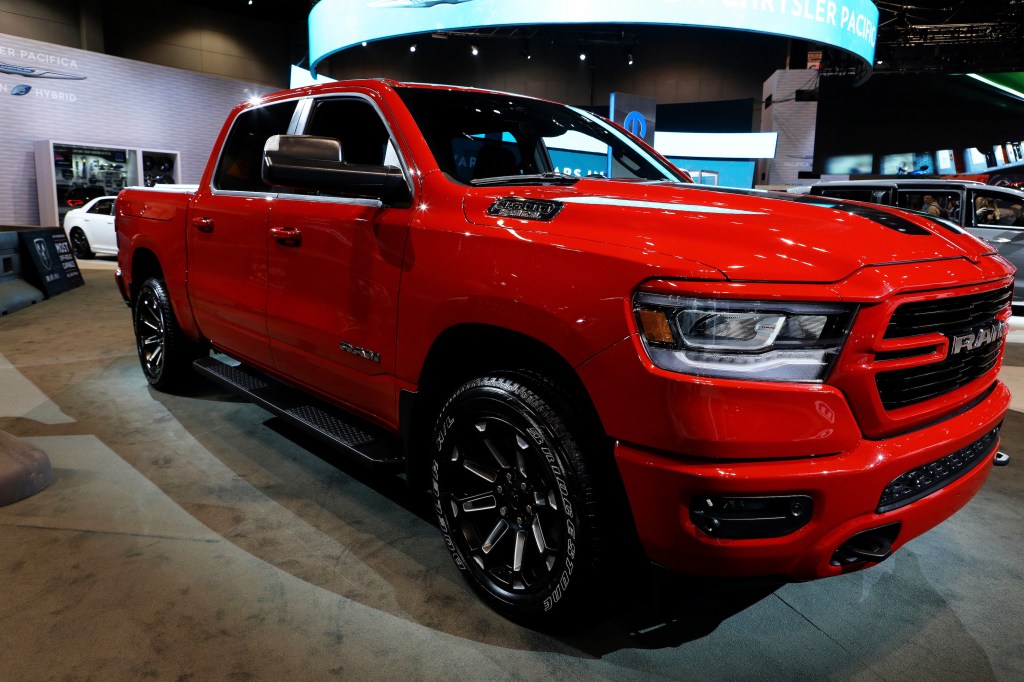 Red 2020 Mopar-Modified RAM 1500 Big Horn Crew Cab truck is on display at the 112th Annual Chicago Auto Show