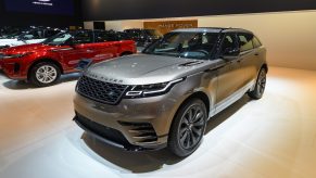 Gray Range Rover Velar crossover luxury SUV on display at Brussels Expo