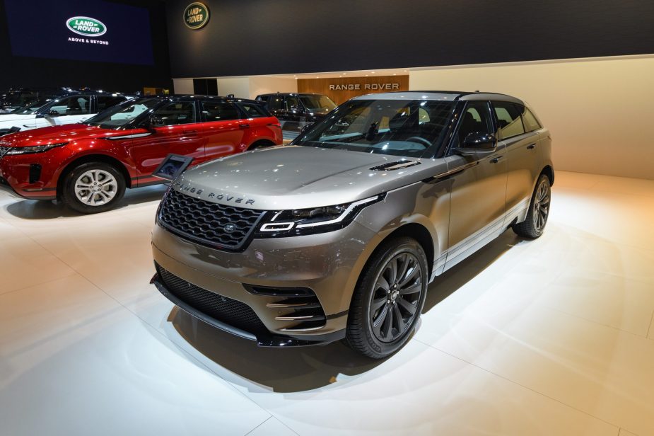 Gray Range Rover Velar crossover luxury SUV on display at Brussels Expo