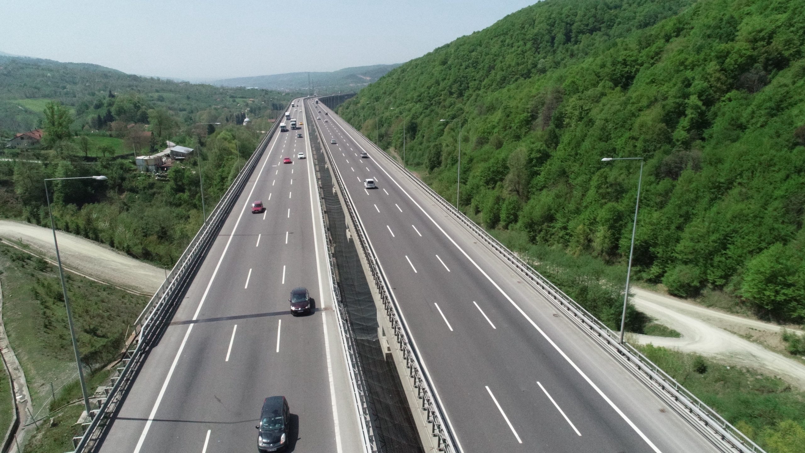 A drone photo shows Anadolu Highway with a few cars on road trips after traffic congestion decreased ahead of full lockdown