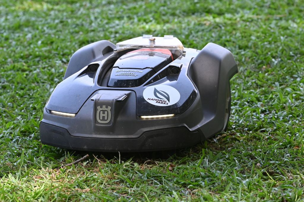 A robotic lawn mower mowing grass