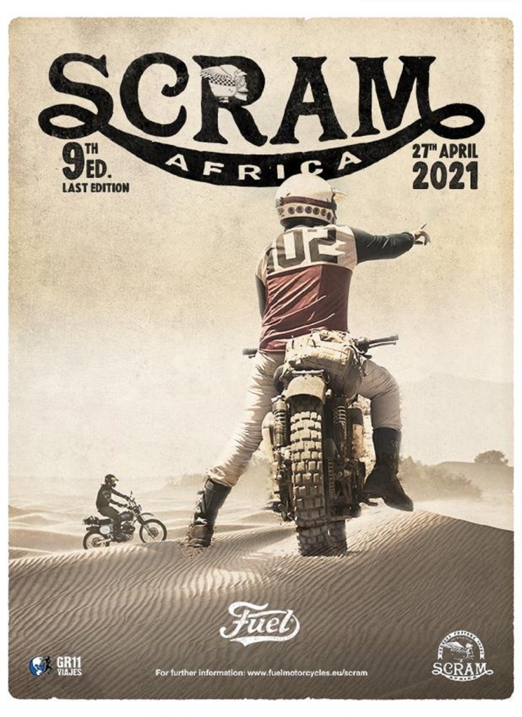 The promotional poster for Scram Africa 2021 showing a rider on a scrambler in the desert