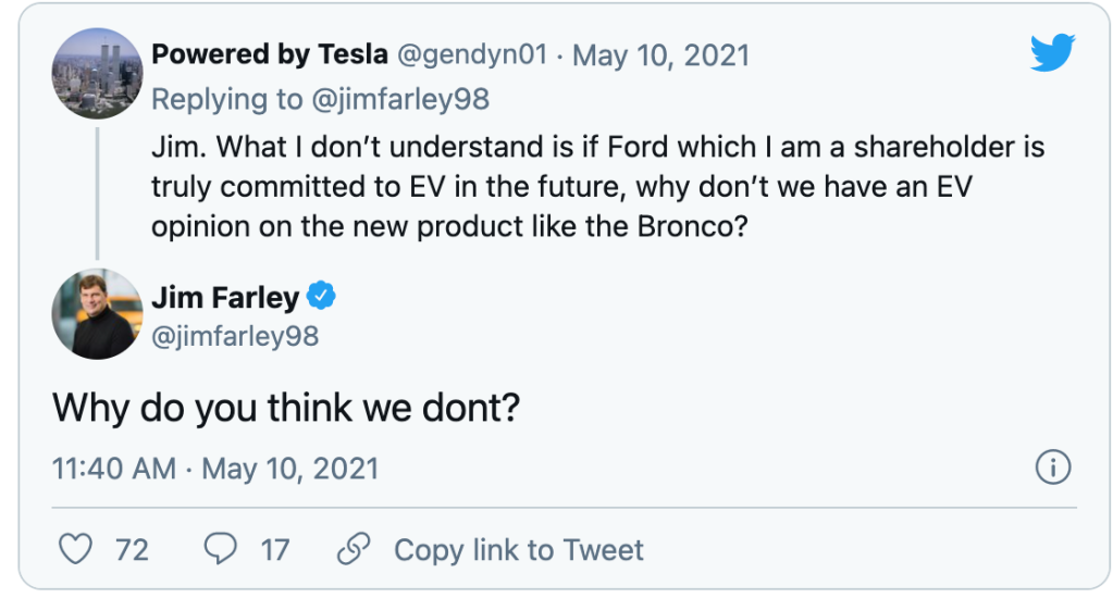 tweet response from Ford CEO about the possibility of an electric Ford Bronco 