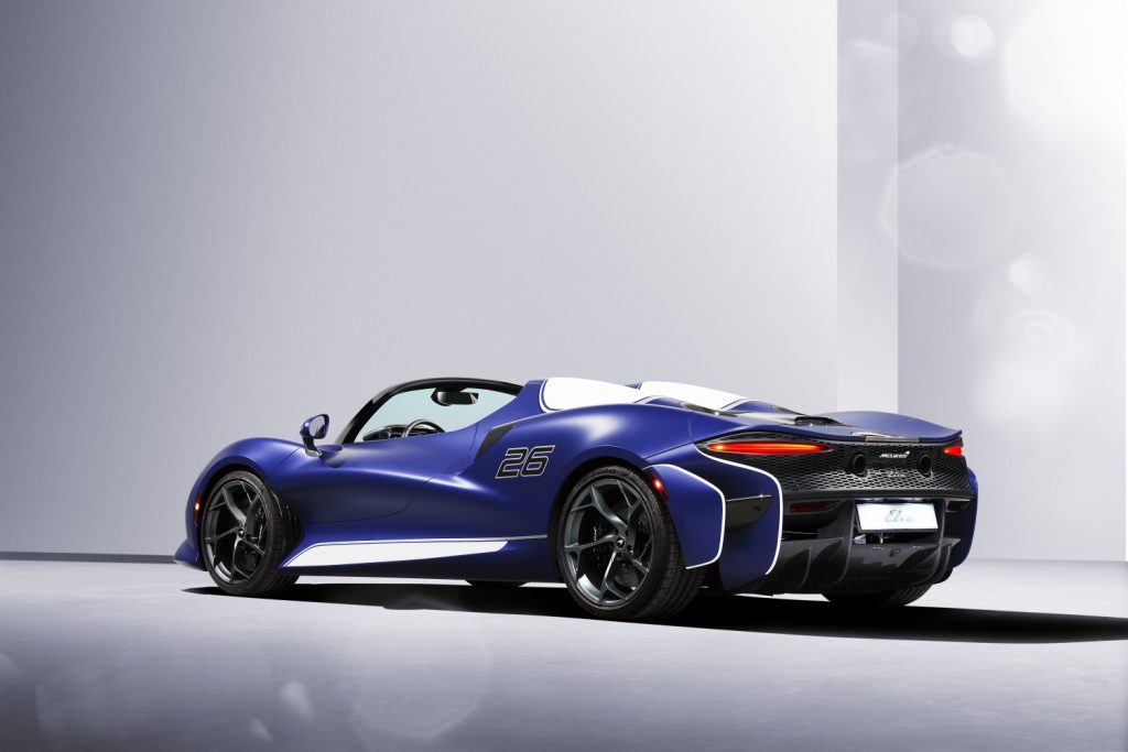 An image of a 2021 McLaren Elva parked inside of a photo studio.
