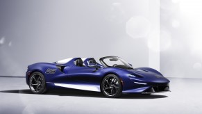 An image of a 2021 McLaren Elva parked inside of a photo studio.