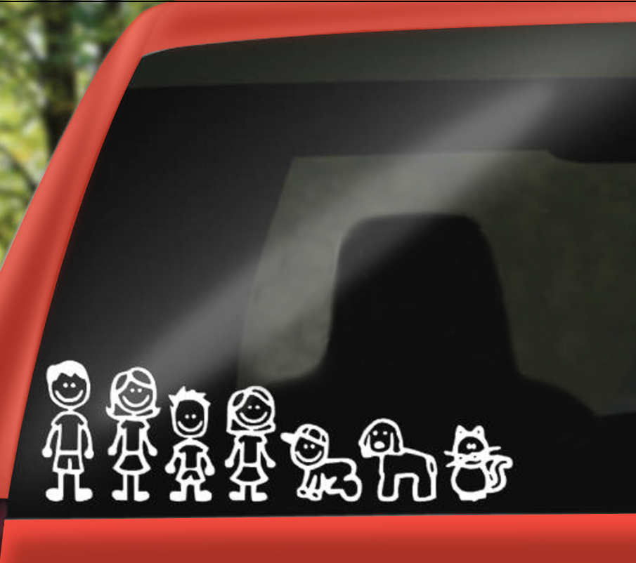 stick figure decals in minivan back window