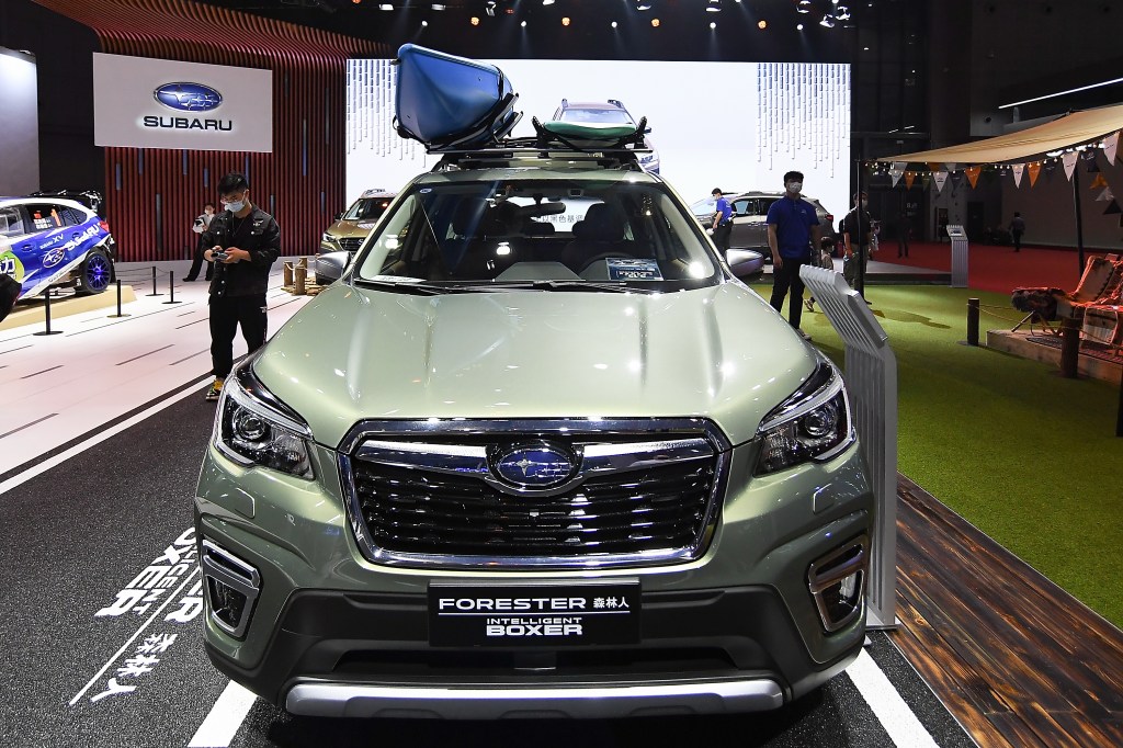 The green Subaru Motor Forester car is on displayed during the 19th Shanghai International Automobile Industry Exhibition