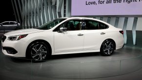 White 2020 Subaru Legacy is on display at the 111th Annual Chicago Auto Show at McCormick Place