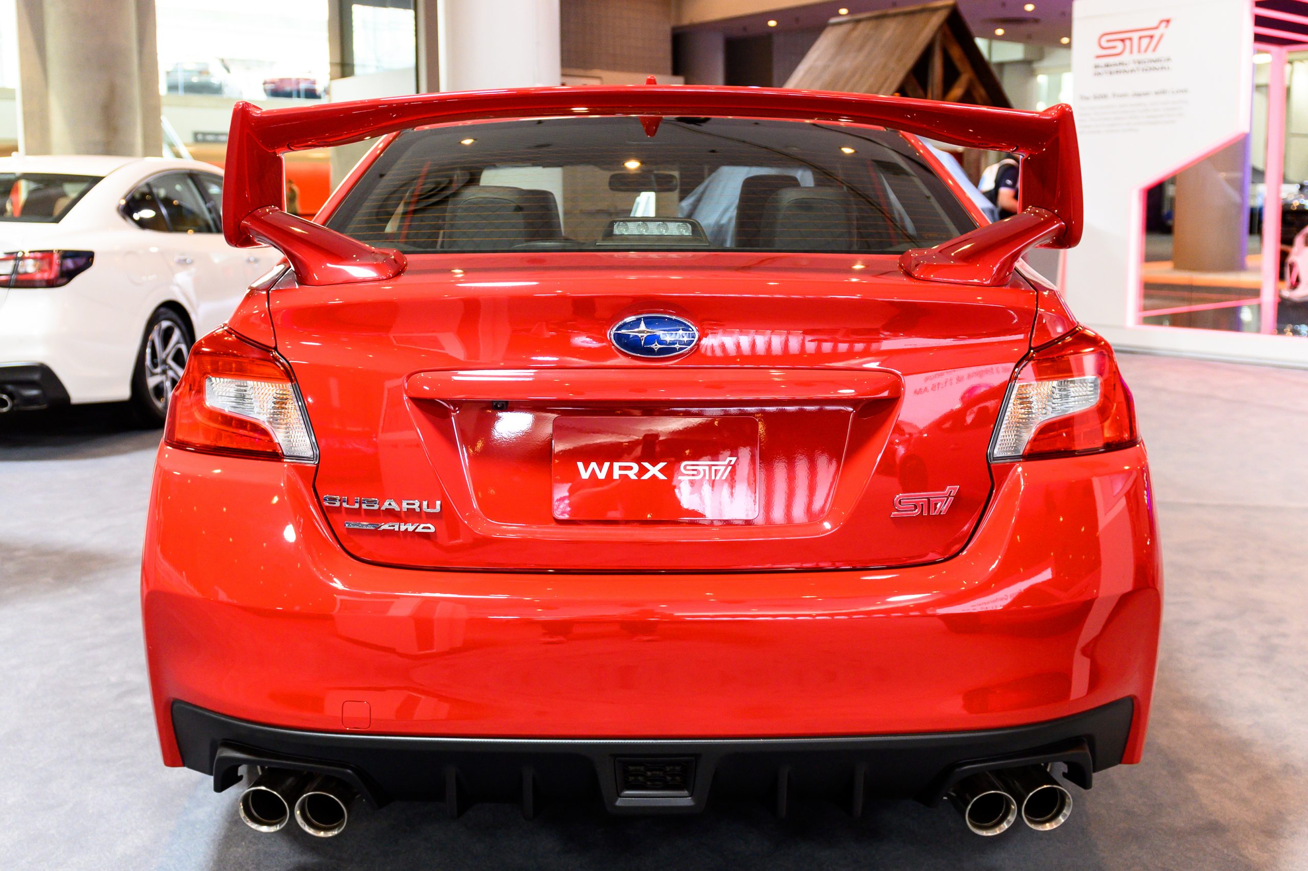 Red Subaru WRX STI seen at the New York International Auto Show