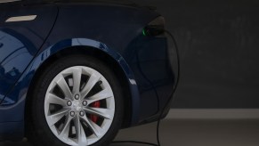 A Tesla Model S plugged in to charge