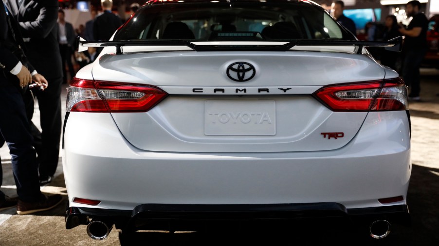 The rear of the white Toyota Motor Corp. Camry TRD vehicle is displayed during AutoMobility LA