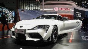 The white Toyota Motor Corp. GR Supra sports vehicle at the Auto Shanghai 2021 show in Shanghai, China