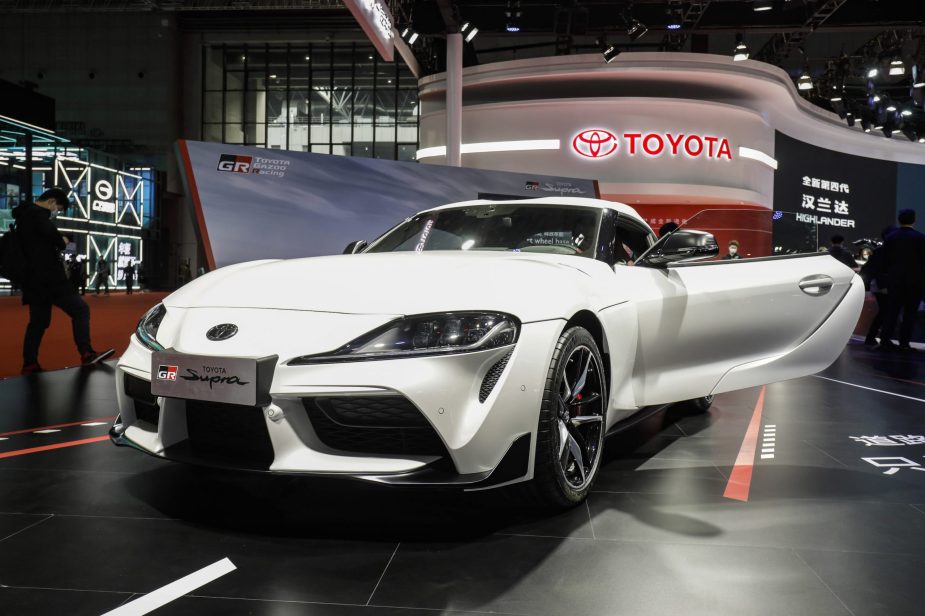 The white Toyota Motor Corp. GR Supra sports vehicle at the Auto Shanghai 2021 show in Shanghai, China