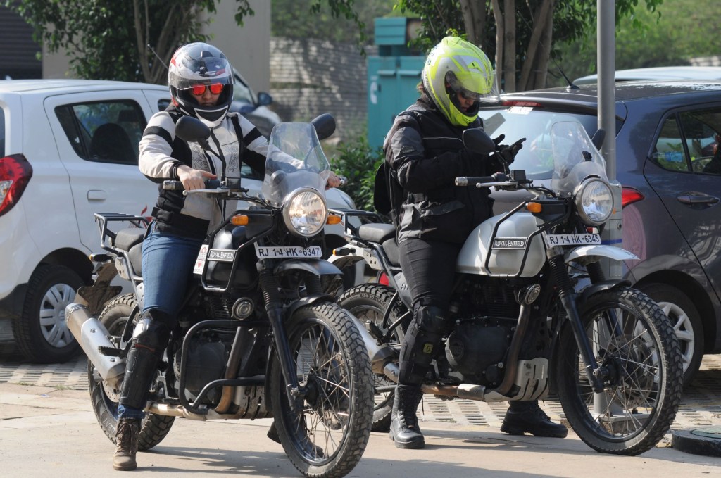 Two female riders on Royal Enfield Himalayans celebrating International Female Ride Day 2019 in Gurugram, India