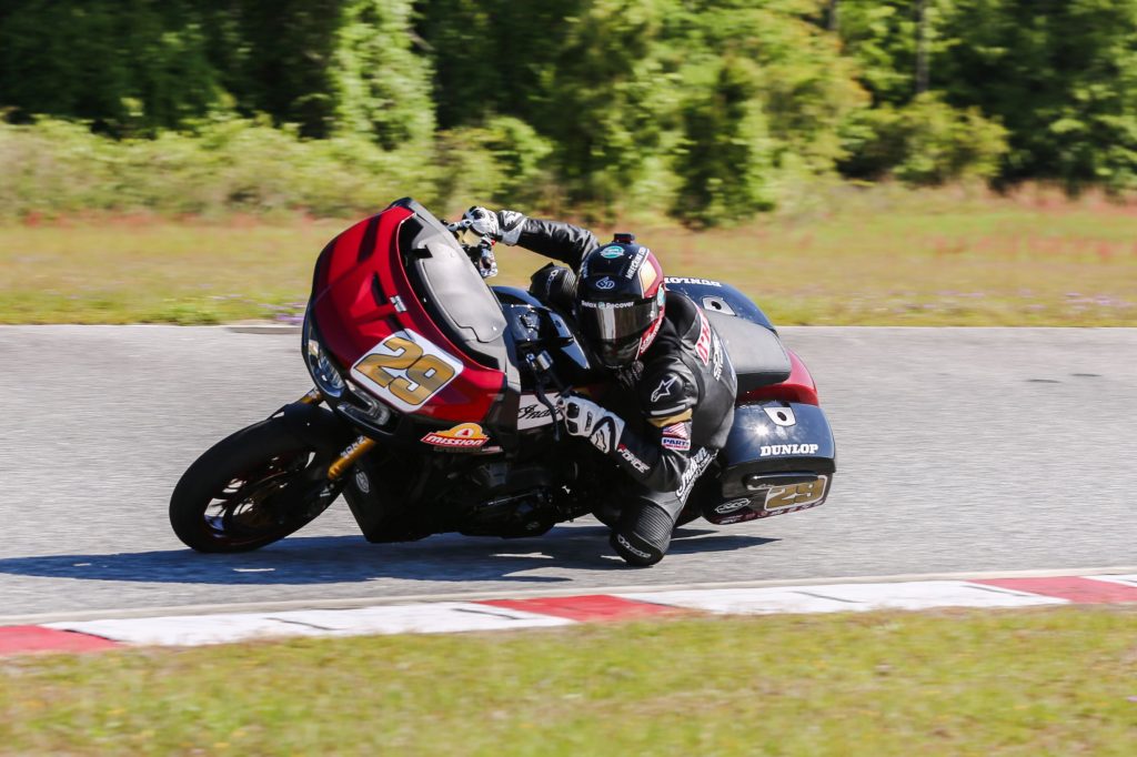 Tyler O'Hara takes a corner on the black-and-red 2021 S&S King of the Baggers Indian Challenger